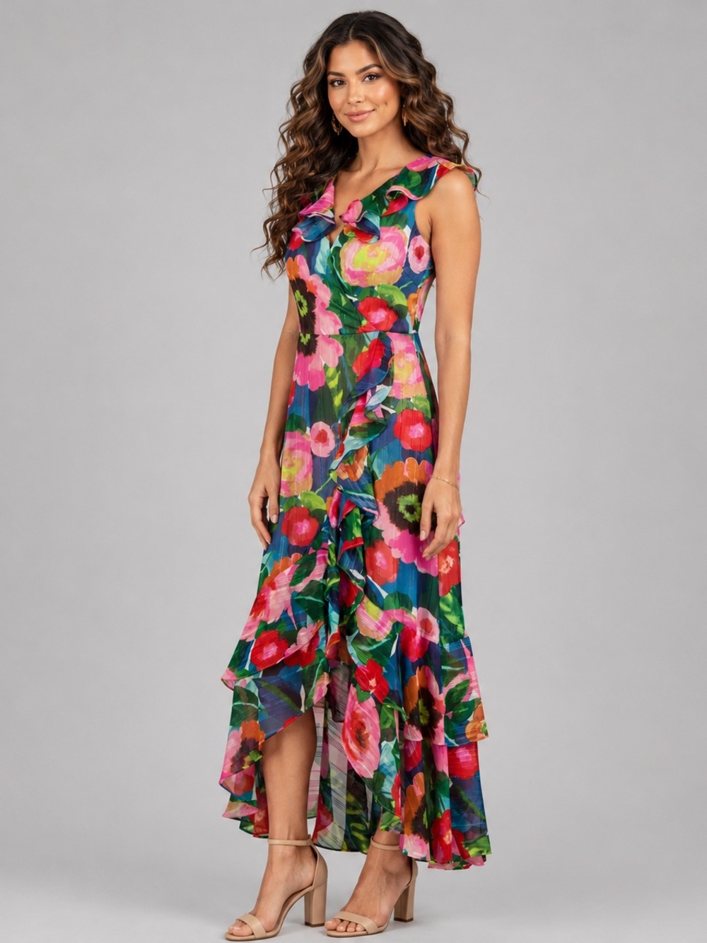 Kensie Vibrant Floral Ruffle V-Neck Maxi Dress - Pink & Green - Picture 2 of 11